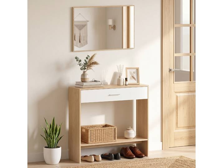HOMCOM Console Moderne Chêne avec Miroir, Tiroir, 91,5x27,9x85,5cm