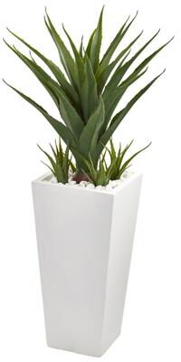 Nearly Natural 40-inch Artificial Spiky Agave Plant in White Planter - Green