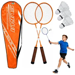 Badminton-Set, 3 Schläger, Federbälle, orangefarbene Tasche