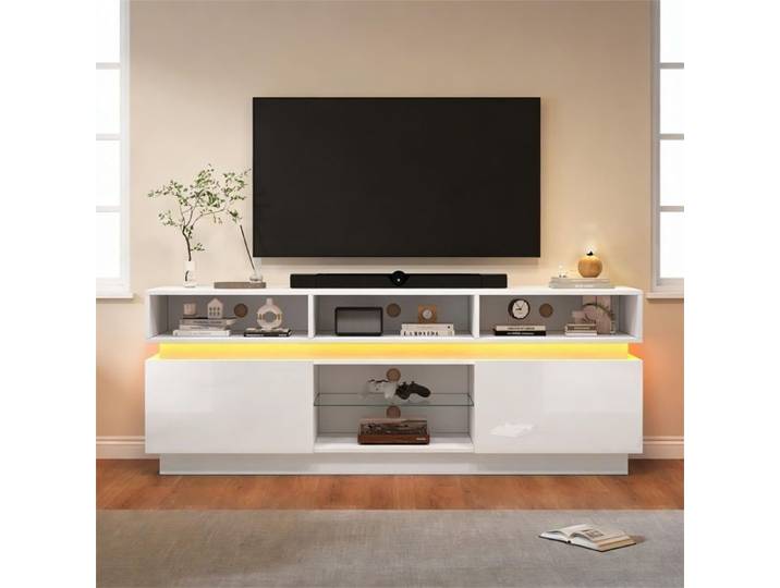Meuble TV 160×35×60 cm Meuble TV de salon avec 2 portes rangement ouvert et éclairage LED compatible TV 60 pouces-blanc