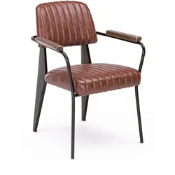 Stuhl Nelly mit Armlehne, Kunstleder und Metall, Industrial Design, cognac braun, gepolstert