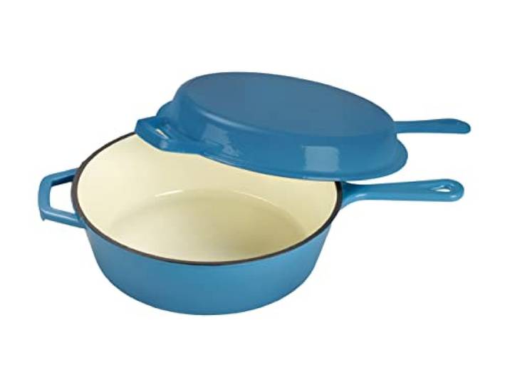 Echtwerk Schmortopf und Grillpfanne 2-in-1 Set, Gusseisen Bräter mit Deckel, Gusseisentopf mit Emaille-Beschichtung, Für Backöfen, Grill, BBQ und Induktion geeignet, Hellblau, 2,5 L, Ø 25,2 cm