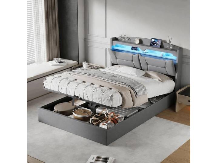 Cadre de lit coffre 140x190 cm SUNFECILI lit 140x190 cm avec USB LED tissu en lin lit coffre 140x190 cm Gris