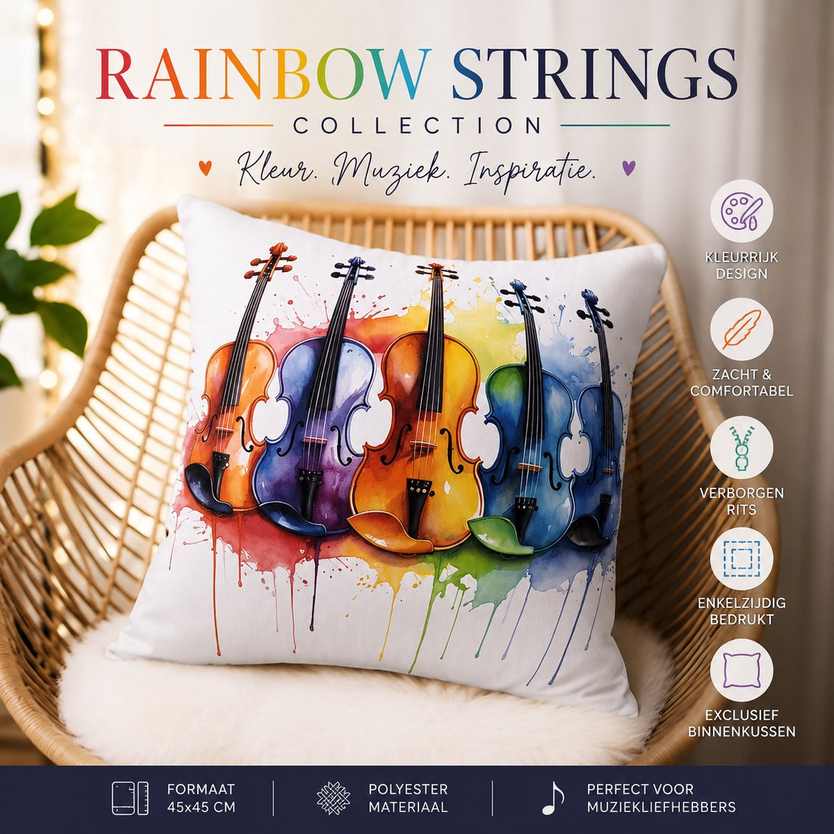 Kussenhoes Rainbow Strings Collection met regenboog violen, 45 x 45 cm