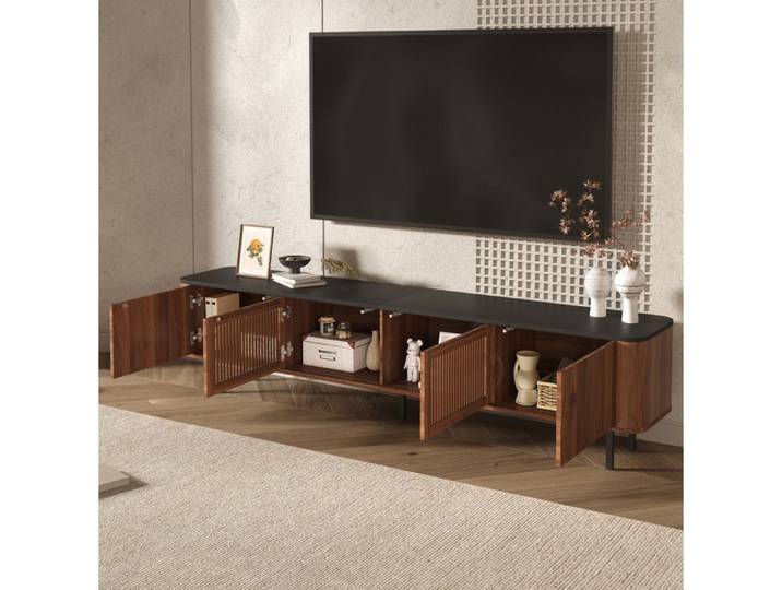 WOVREO Meuble TV 190 x 35 x 45 cm 4 portes grillagées MDF et panneaux de particules noyer et noir