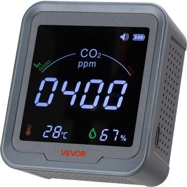VEVOR CO2-melder met NDIR-sensor, CO2-monitor met temperatuur- en vochtigheidsweergave, grijs
