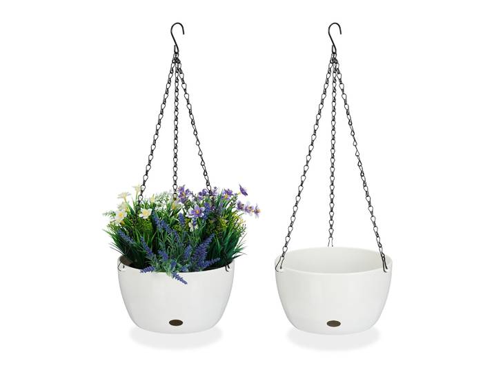 2 Blumenampeln mit Wasserspeicher - L Weiss-Schwarz