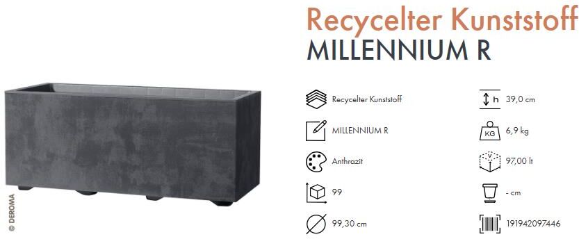 Deroma Pflanzkasten Millennium Kunststoff 99 cm Anthrazit mit Ablauflöchern
