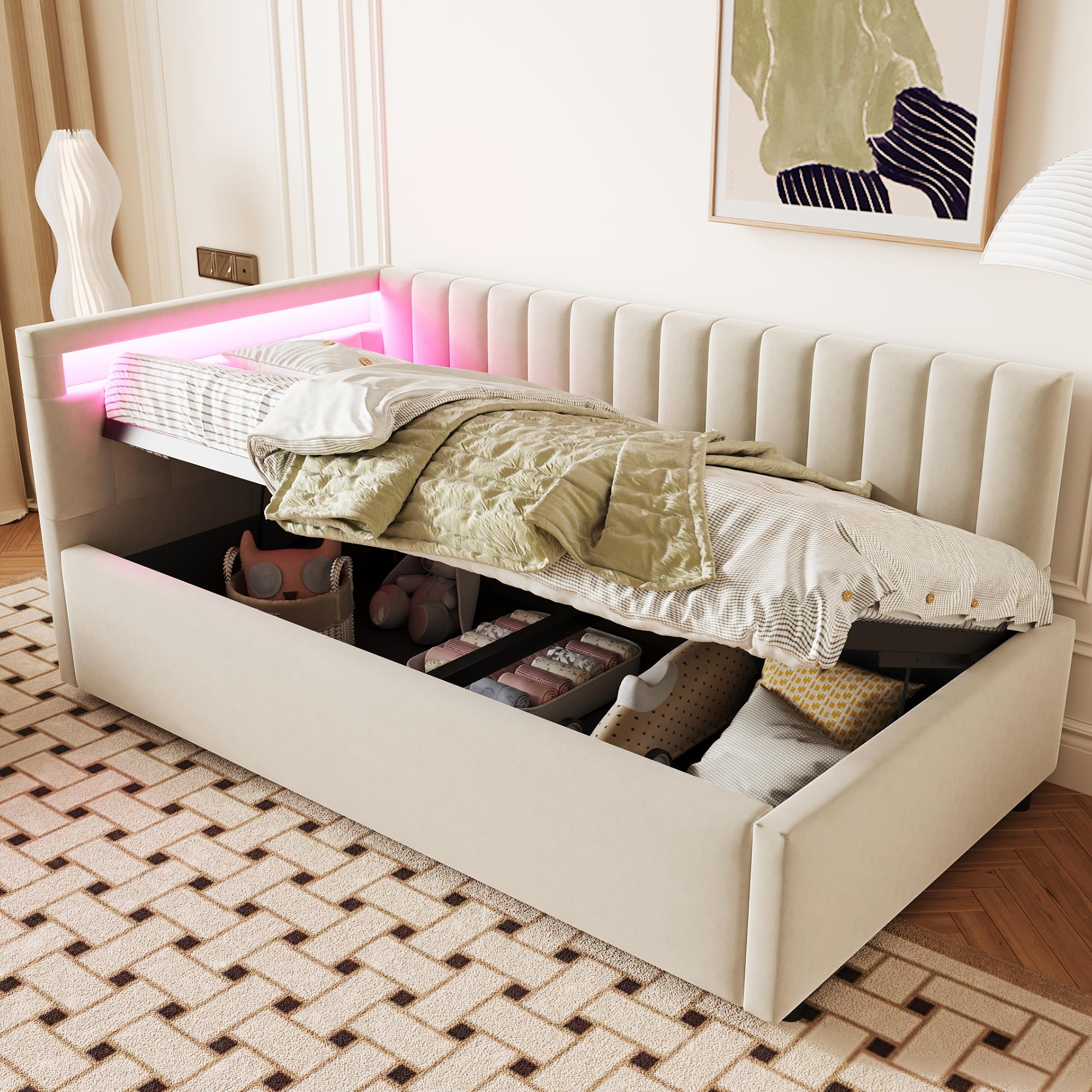 Gepolstertes Schlafsofa 90x200 (beiger Samt): LED-Beleuchtung + hydraulischer Stauraum, vertikale Streifen, austauschbare Kopfstützen, Lattenrost