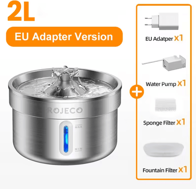 Inspire Curations FlowPure ROJECO Stainless Steel Pet Water Fountain eu Adapter New 2l