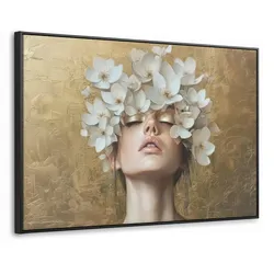 LEINWAND Bilder mit Rahmen - Gesicht - Blumen - Gold - Abstrakt - 150x100