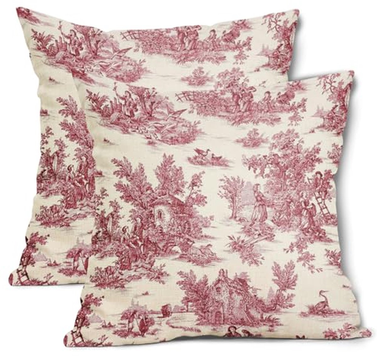 Set van 2 Vintage Franse Country Stijl Sierkussenhoezen in Rood Katoen en Linnen