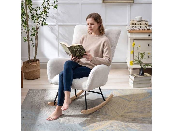 WUVRIE Fauteuil à bascule en tissu teddy blanc avec accoudoirs structure métal et bois intérieur