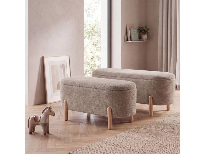 Wahson Lot 2 Banc de Rangement Moderne avec Pieds Bois 110 & 90 cm Marron Banc Bout de Lit en Chenille pour Chambre Salon Entrée