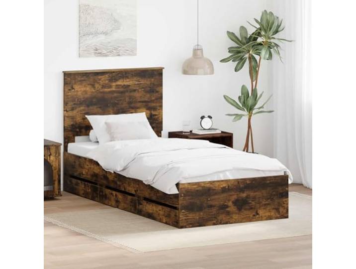 RJPLMFV Bettgestell mit Schublade, Raucheiche, 90 x 200 cm, Holz Diskrete Aufbewahrung, modernes Design, Lattensockel, einfache Montage, einfache Pflege