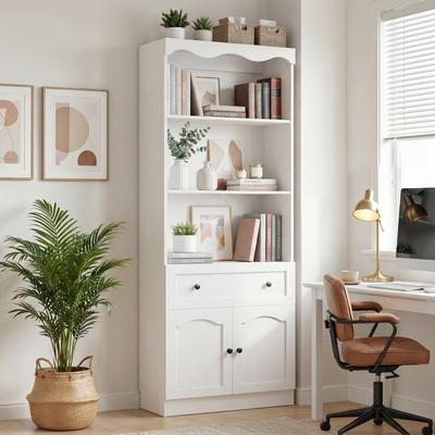 Rackcog "Frostia 80"" Tall Display Bookcase with Large Drawer, Kitchen Pantry Storage Cabinet with Adjustable Open Shelves & Cupboard"