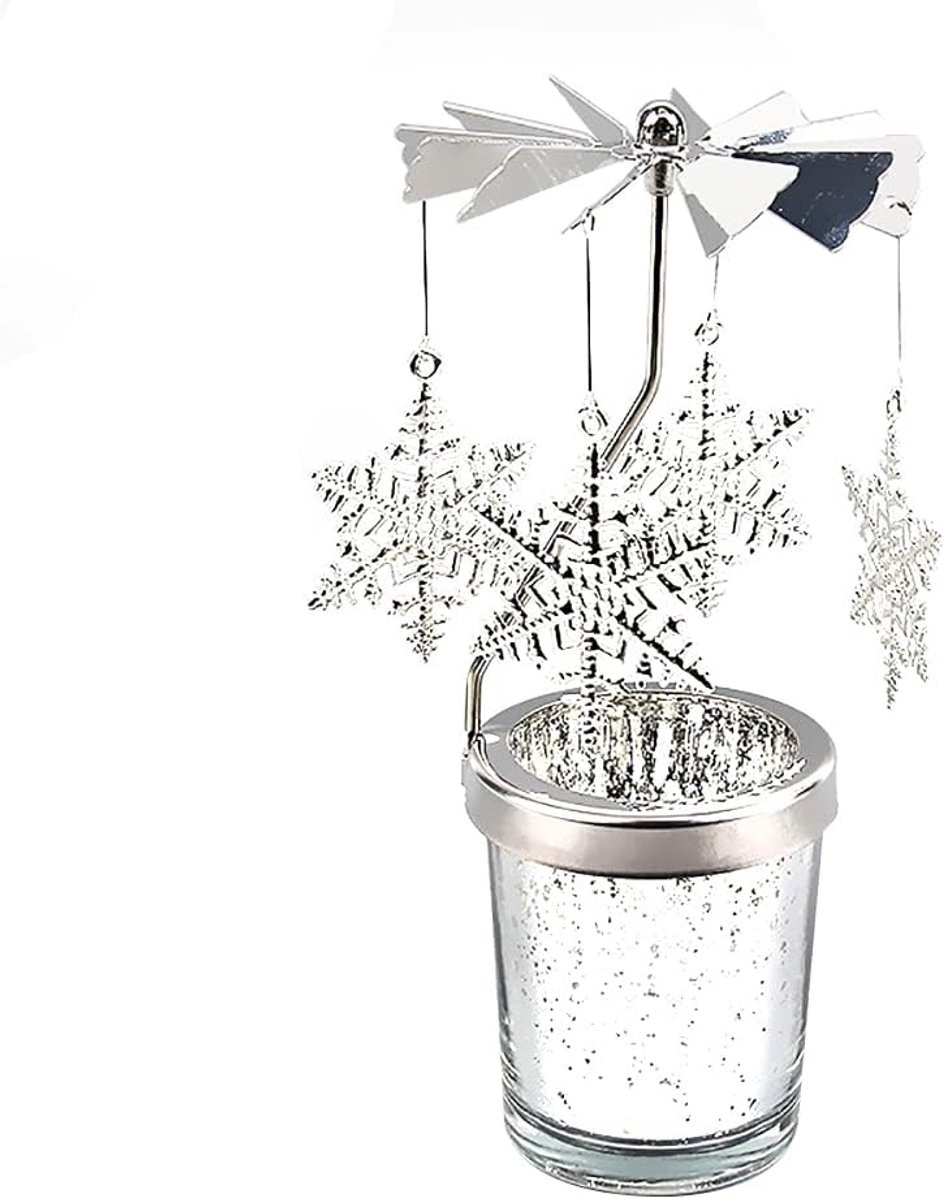 Draaiende glazen theelichtjeshouder met sneeuwvlokmotief voor winterse decoratie