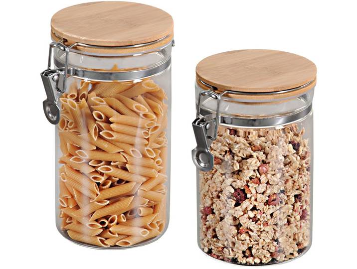 Vorratsglas KESPER Aufbewahrungsglas mit Deckel , braun (holzfarben), Bambus, Glas, Lebensmittelaufbewahrungsbehälter, Vorratsglas, mit Metallverschluß, Set: 900 und 1100 ml