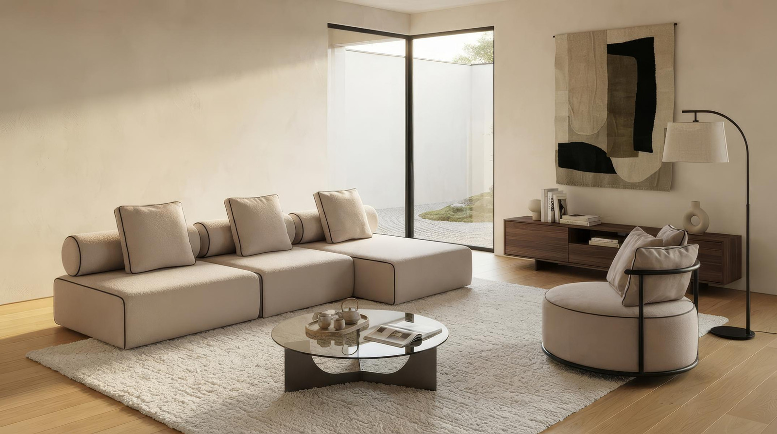 Moderne beige luxe hoekbankset met fauteuil voor de woonkamer
