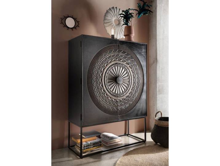 Solitärschrank 115x160cm 'Mahal' Mangoholz schwarz mit Schnitzereien