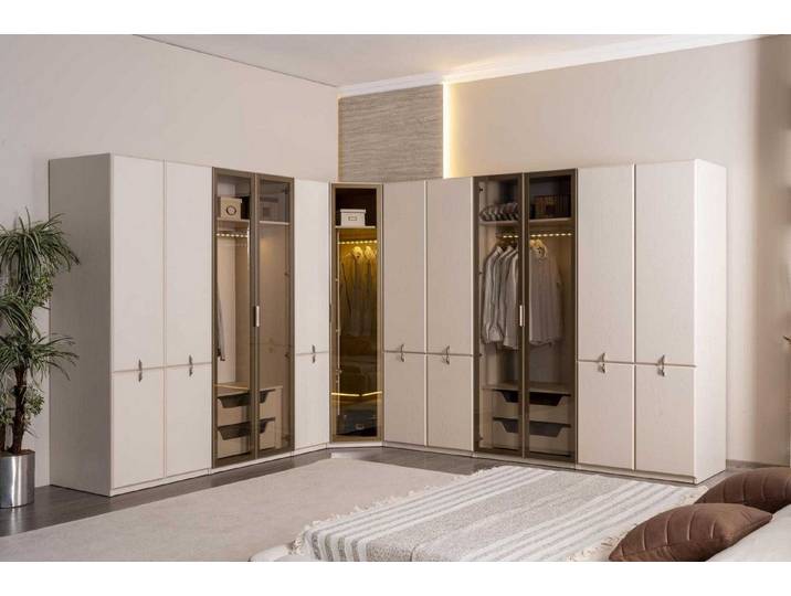 Xlmoebel Kleiderschrank Moderner Schrank in Beige mit quadratischen Glasfronten aus Holz (Eck-Kleiderschrank, beige, Glasfronten) Made in Europa