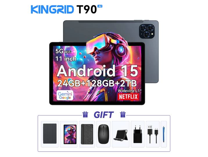 Tablette PC KINGRID T90 Wifi 11 pouces 1080P, 24 Go (8+16) de RAM, 128 Go de ROM, Wifi 5G, 8000 mAh, Android 15, tablette de jeu