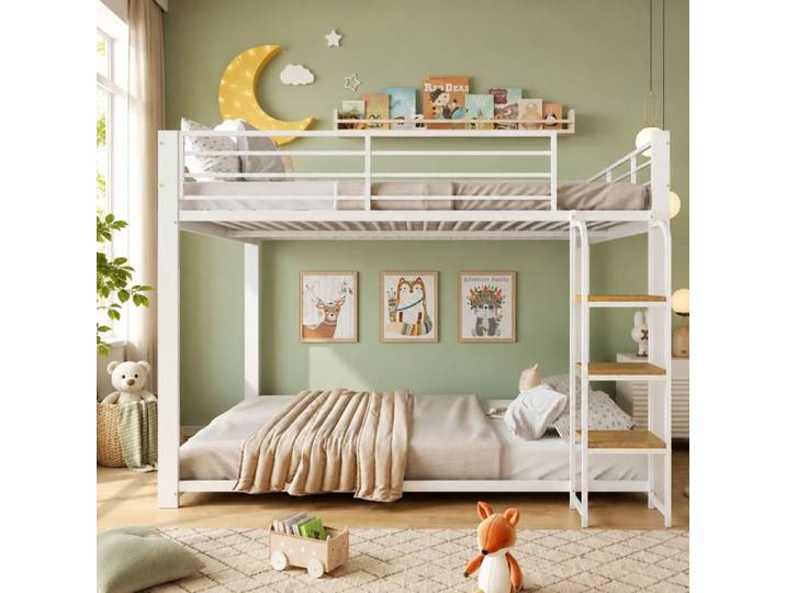 Ulsam Lit Superposé 4 Places en Metal 2x140x200 cm avec étagère en Bois Barrières de Sécurité Escaliers - Blanc