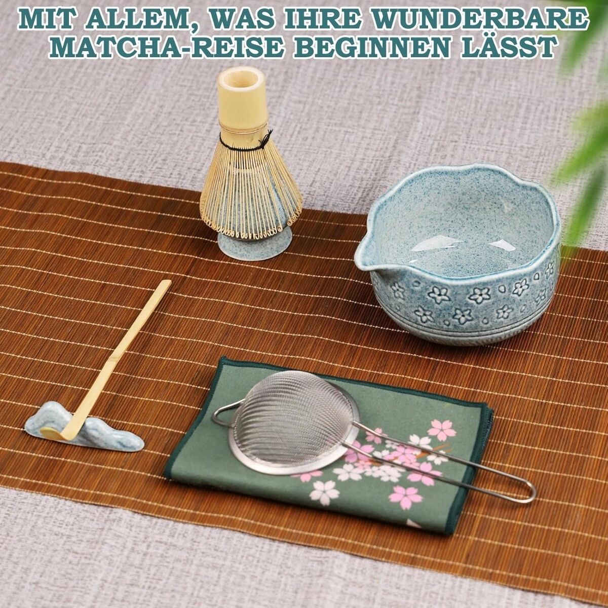 INF Keramik Matcha-Set mit Bambus-Chasen (76 feine Zinken) – 8-teiliges Sakura Matcha Teezeremonienset Blau