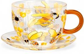 STP Goods 12oz Honey Bee Heat Resistant Glass Teacup and Saucer Set of 4 - 12 fl oz