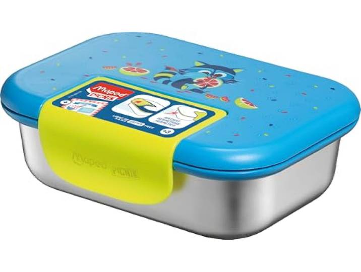 MAPED Picnik - Boîte Repas Inox 900ml Raton Laveur - Ouverture Facile avec Clip Fluo - Hermétique et Durable - Base Inox - Nettoyage au Lave-Vaisselle\, Bleu