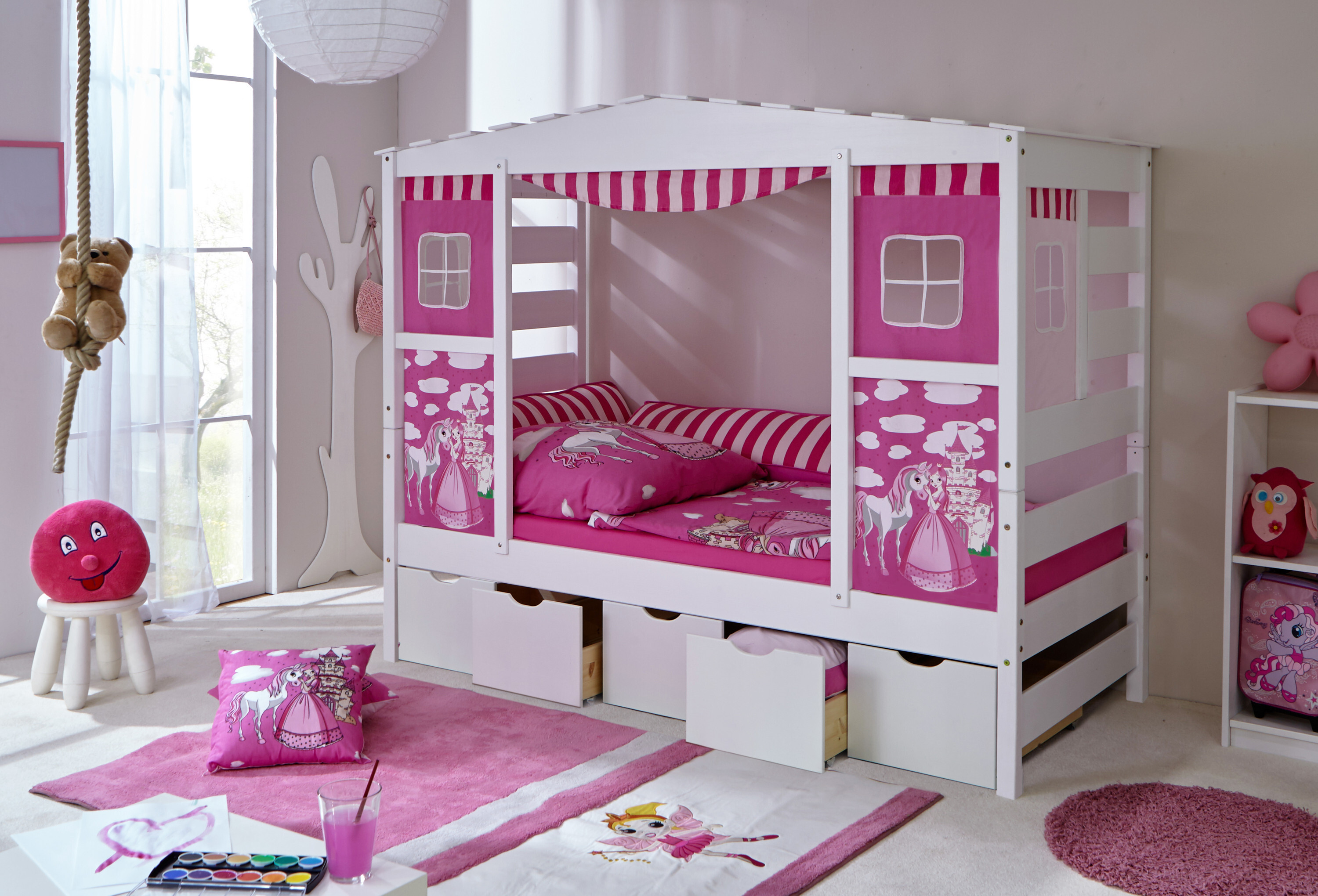 Hausbett Hochbett Spielbett Massivholz Kiefer Weiss Horse Pink, Bettkasten:Maria