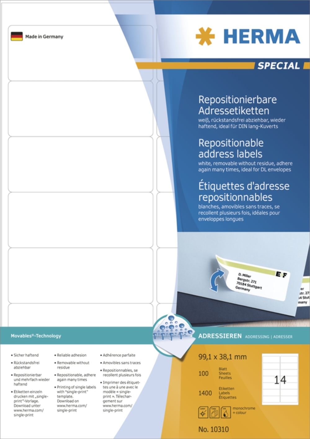 Herma 10310 Adressetiketten 9.91x3.81 cm (100 Blatt (1400 Etiketten))