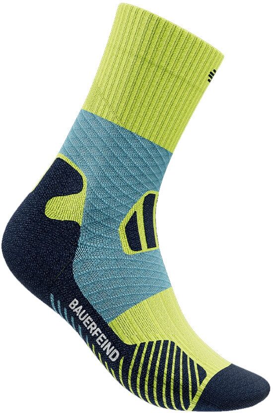 Kompressionsstrümpfe BAUERFEIND "Trail Run Mid Cut Socks, Women", Damen, Gr. 46-49, gelb (bright lemon), Polyamid, unifarben mit Farbeinsatz, Socken Kompressionsstrümpfe, für das Laufen im Gelände entwickelt