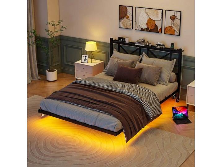Cadre de lit - PAGE Living - 140x200 - Effet flottant - LED intégrée & station de charge