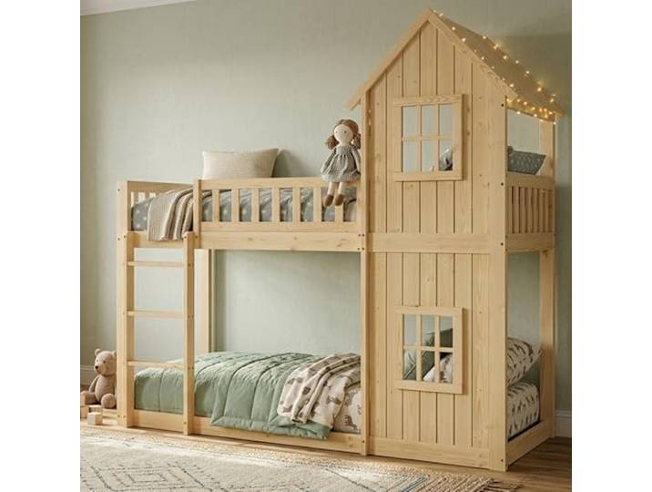 Merax Etagenbett Kinderbett 90x200cm, Hochbett für 2 Kinder, Baumhausbett mit Rausfallschutz & Lattenrost, Hausbett mit Dach & Fenster, Platzsparendes Stockbett mit Dreistufige Leiter, Naturfarbe