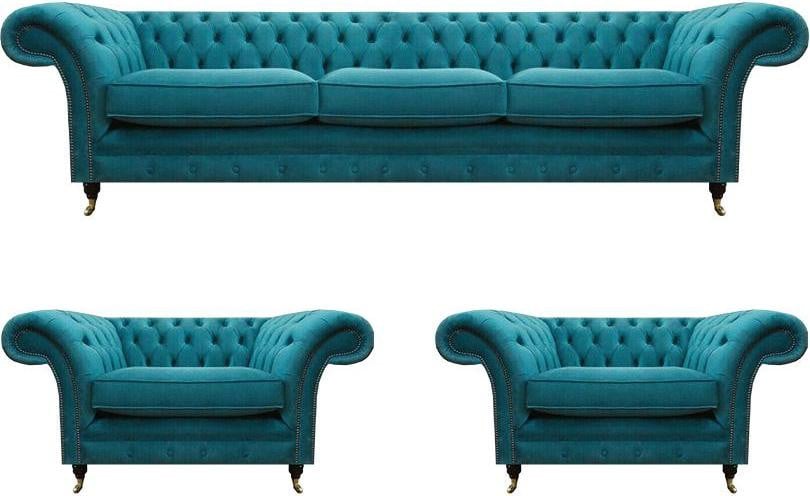 Komplett Wohnzimmer Chesterfield Sofagarnitur 3-delig Blau