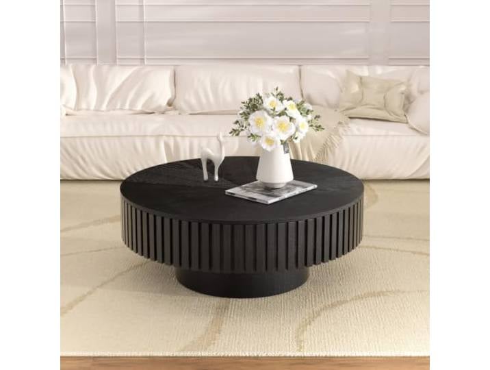 LOVEHOUGES Moderner runder Couchtisch mit gerilltem Korpus Runder Couchtisch, handgefertigtes Relief-Furnier, stabiler Standfuß, einfache Montage, ideal für kleine Wohnzimmer