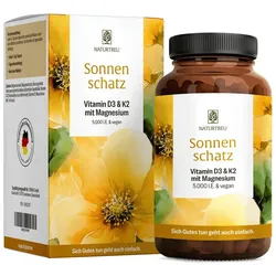 Vitamin D3 & K2 und Magnesium 5.000 I.E. Depot für 5 Tage - SONNENSCHATZ - 90 vegane Kapseln - NATURTREU® 90 St