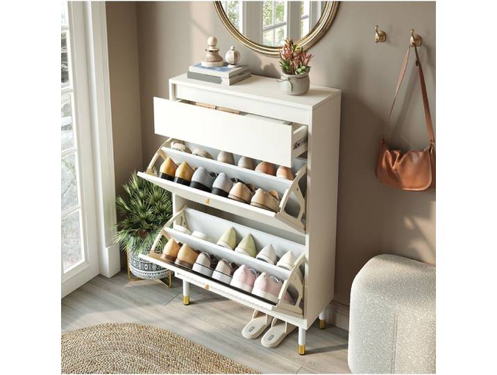 Meuble à chaussures étroit avec tiroir et 2 portes abattantes IVMEU blanc mat pieds métal