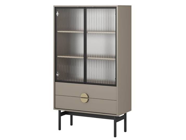 Selsey Vitrine Glas Vitrinenschrank Glasvitrine Wohnzimmer Glastür Niedrig 84 cm 2 Schubladen 3 Fächer Beige Cappuccino Stoon