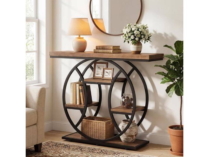 Finmind Table Console 105×35×85 cm Table Basse Industrielle à 4 Niveaux avec Structure Métallique Circulaire Marron Rustique