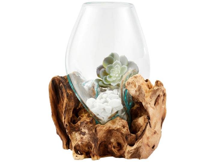 Ambia Home Vase, Braun, Klar, Transparent, Holz, Glas, Recyclingholz, Hartholz, 30 cm, Handmade in Indonesia, mundgeblasen, handgemacht, zum Stellen, Dekoration, Vasen, Glasvasen