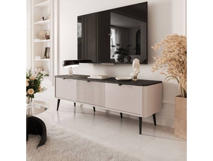 Meuble TV NAVANI - avec 3 portes - 160x40x52 cm - Cachemire/Gris