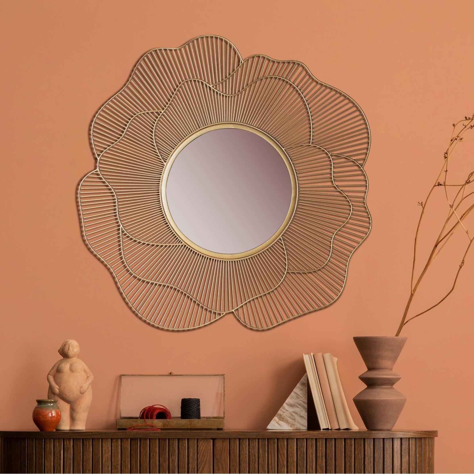Wandspiegel Rund Metall Gold 77 cm Blütenform