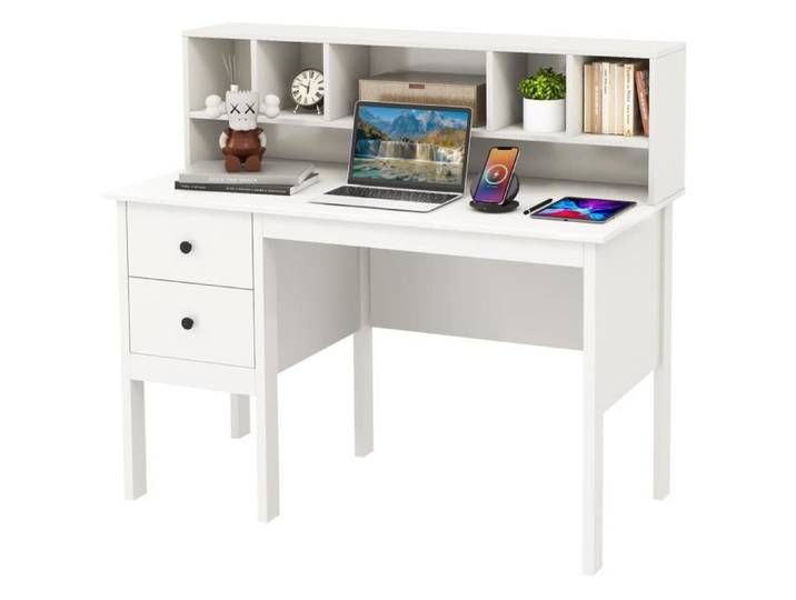 COSTWAY Bureau Informatique de 120 cm avec 5 Compartiments et 2 Tiroirs de Rangement Blanc