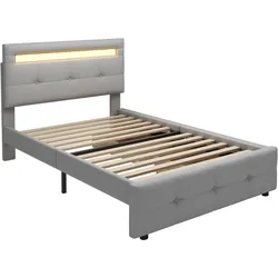 POLSTERBETT 90x200 cm in Leinen-Optik Grau mit LED-Beleuchtung & 2 Schubladen