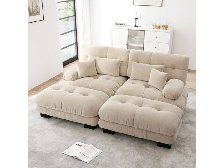 Luscriate - Canapé modulable - Canapé de salon avec deux poufs - Comprend 2 méridiennes et 2 coussins décoratifs - Beige