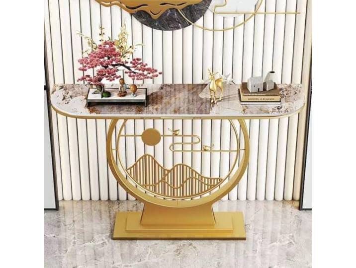 Moderner Konsolentisch, schmaler Flurtisch mit Steinplatte, Metallgestell Stabile Steinplatte, platzsparendes Design, robuster Metallrahmen, vielseitig einsetzbar(Gold-A,51.2in*11.8in)
