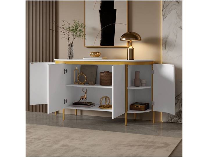 MEULVA Buffet bas ovale 140 x 38 x 80 cm en MDF blanc 4 portes sans poignées pieds métal passe-câble