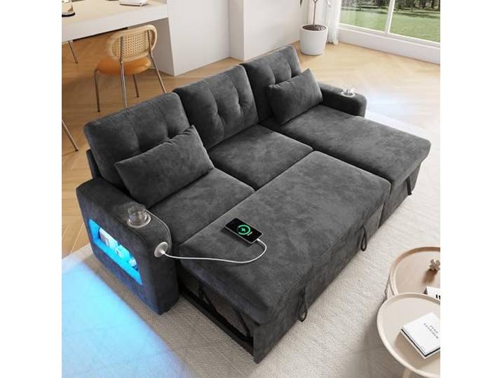 Merax Sofa Ecksofa mit Schlaffunktion und Bettkasten, Praktisches Schlafsofa mit Stauraum, LED-Beleuchtung, USB/Typ-C und 2 Getränkehalter, Ausziehbares Schlafcouch L-Form, Chenille Stoff, Grau